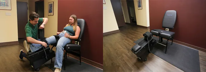 Chiropractor-College-Station-TX-Cole-Roemer-With-Knee-On-Trac-Patient.webp chiropractic care for spinal decompression relief